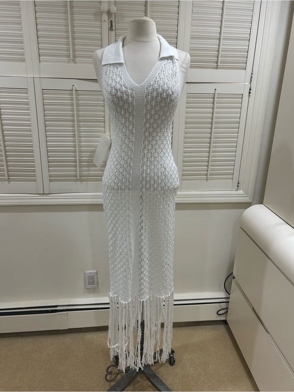New White Crochet Fringe Maxi Dress Cover up with Collared V-Neck